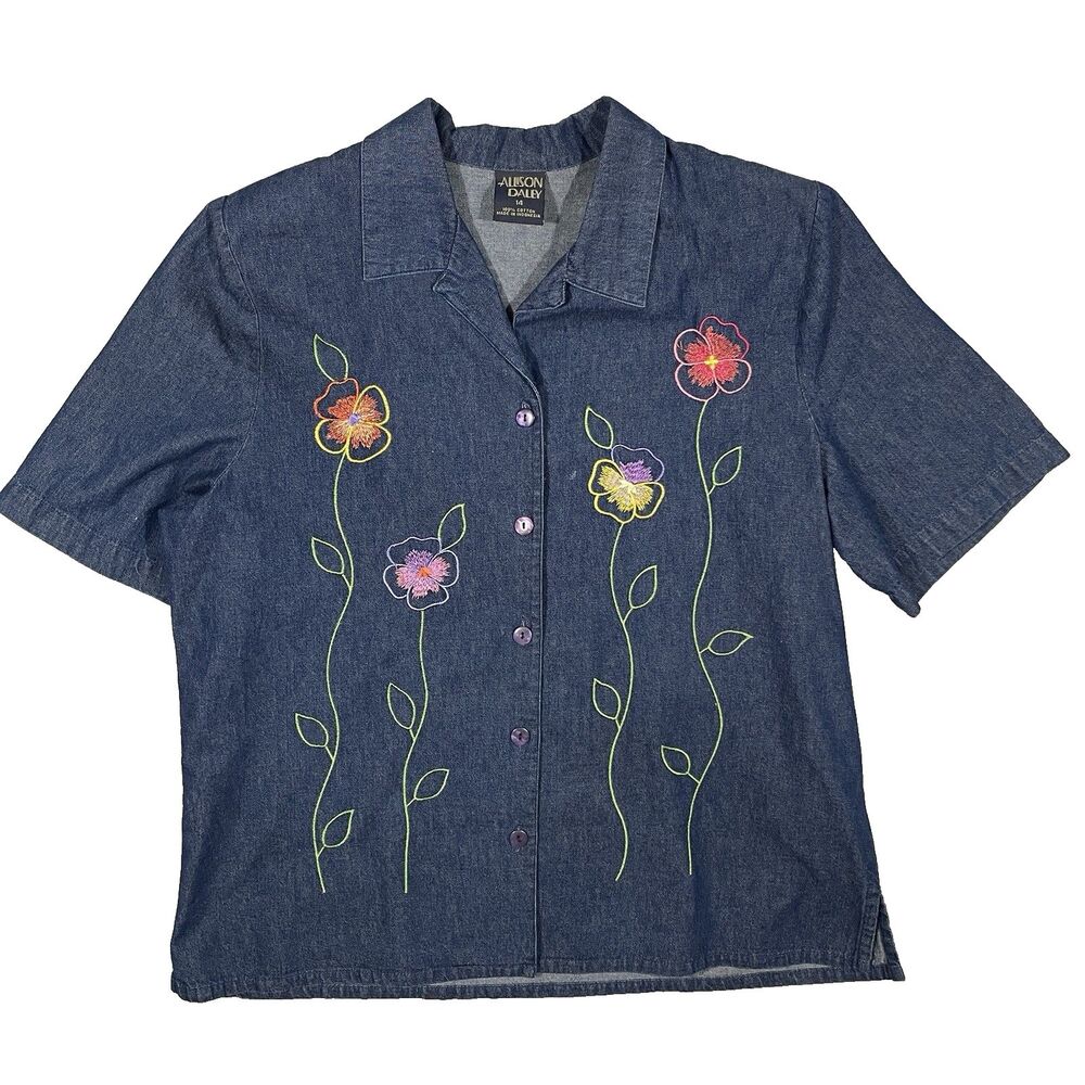 Allison Daley Y2K Blue Cotton Denim Blouse Short Sleeve Women’s Size 14 Large